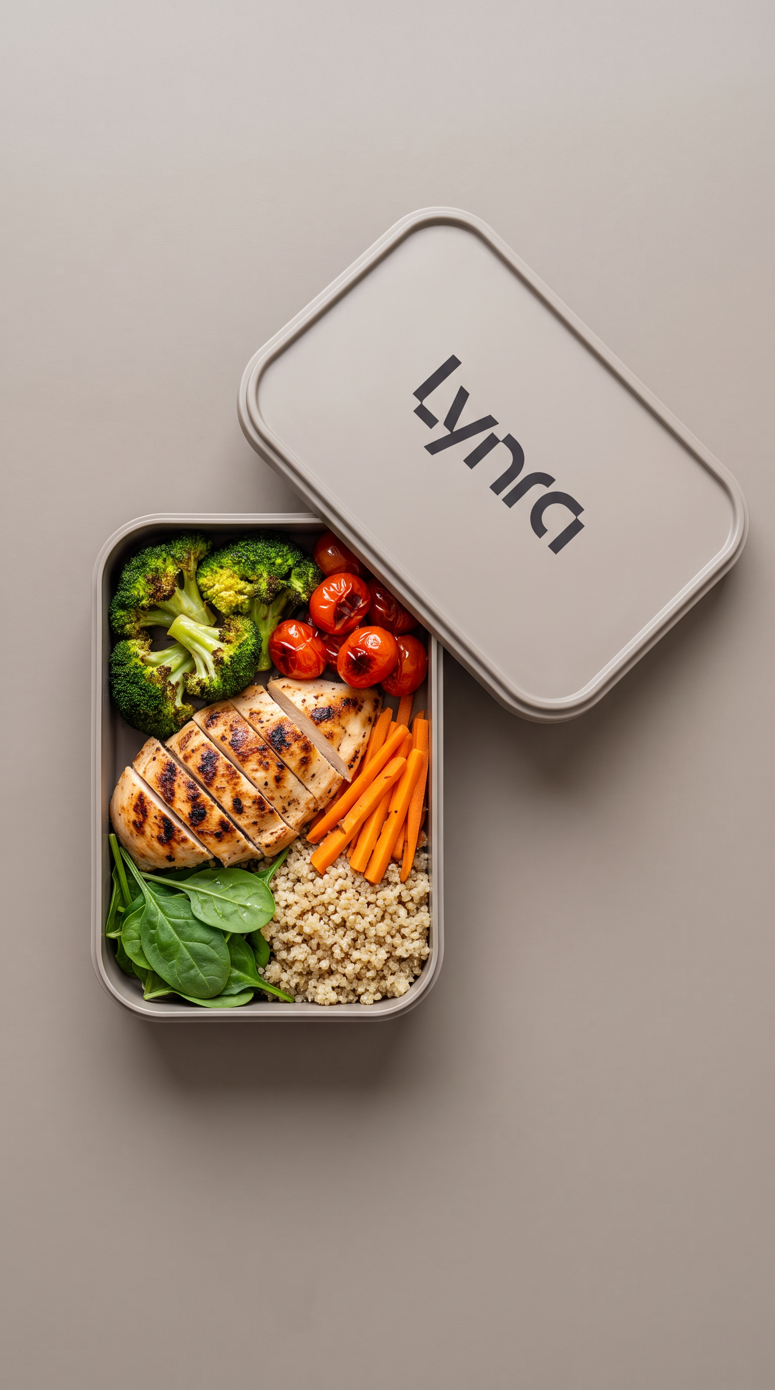 A Lynra dinner box with grilled chicken, quinoa and vegetables
